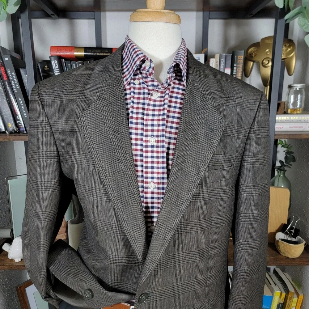 Club Room Men's Sport Coat Blazer Two Button‎ Plaid Brown Pure Wool Size 43R
